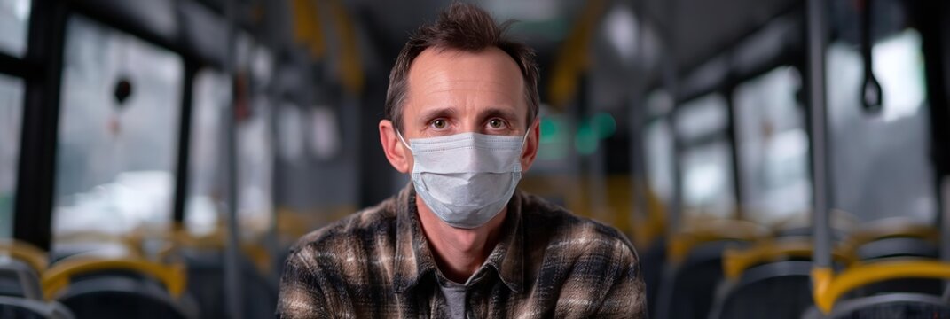 A man wearing a mask sits on a bus .