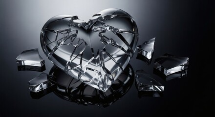 Shattered Glass Heart Sculpture on Dark Reflective Background 3D Render