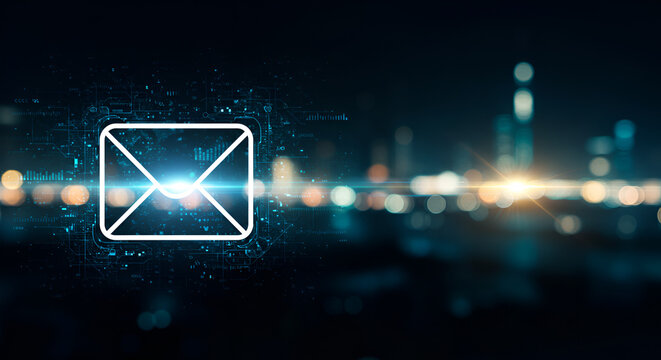 Modern email envelope icon with digital network over city lights, perfect for technology, communication, and business themes with a futuristic edge