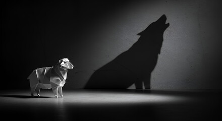 Unmasking ambition a seemingly harmless sheep casts a powerful wolf shadow, representing inner strength, aspiration and transformational potential in darkness