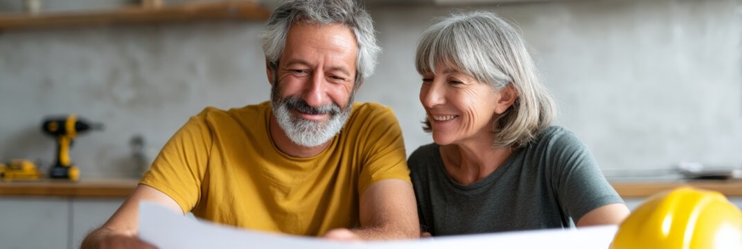 Smiling senior couple reviewing blueprints for home renovation, sharing excitement about upcoming improvements and working together to create their dream home filled with love - Powered by Adobe
