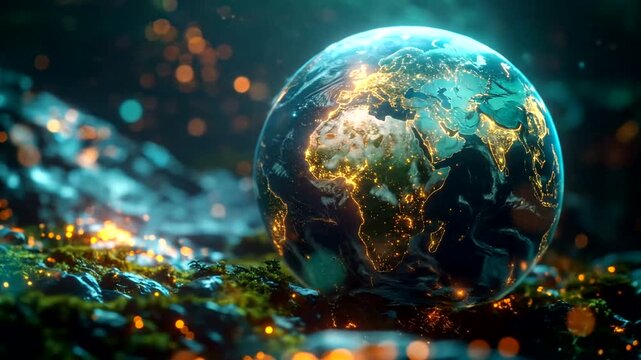 Illuminated planetary sphere resting upon vibrant terrestrial ground with glowing particles