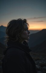 Fototapeta premium A contemplative woman gazes into the distance at sunset, surrounded by mountains, capturing a moment of tranquility and introspection.