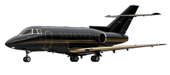 A sleek, black and gold private jet on a dark background. It has multiple windows and engines
