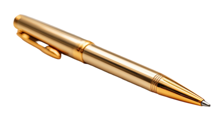 Elegant close-up of a gold-colored, shiny ballpoint pen on black background