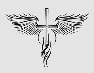 Obraz premium Contemporary Tribal Cross with Wings, Abstract Line Design, Minimalist Outline Art, Vector Illustration.