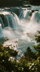 Fototapeta premium Angled aerial image with waterfall mist and sunlight rays