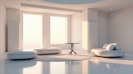 A futuristic 3D rendering of a minimalist room interior with geometric furniture, diffused light through large windows, shadows, and a modern, clean design.