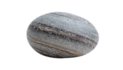 Smooth, oval-shaped rock with gray and brown layers, isolated on a black background