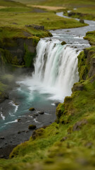 Obraz premium Top-down tilt-shift aerial view of Skógafoss waterfall surrounded by green cliffs
