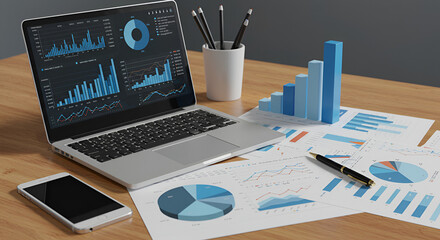 Dynamic financial analysis presented on modern laptop with charts and graphs for data-driven success and strategic planning in business growth