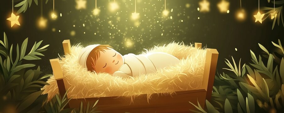 cute peaceful sleeping baby jesus in manger illustration