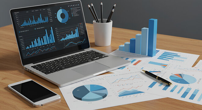 Dynamic financial analysis presented on modern laptop with charts and graphs for data-driven success and strategic planning in business growth - Powered by Adobe