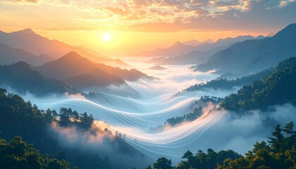 illuminating the mountain peaks, creating a serene, surreal, and fantasy atmosphere. This image was created with a touch of digital art and generative AI.s