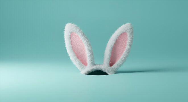 Adorable bunny ears peek from a hole on soft pastel blue, perfect for Easter promotions, spring sales, or a whimsical touch to any project
