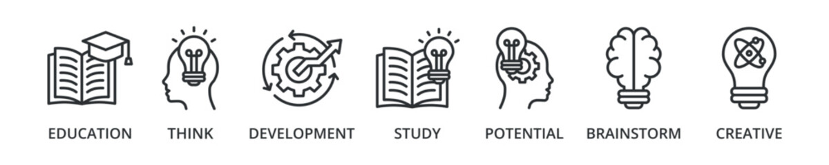 Knowledge banner icon with education, think, development, study, potential, brainstorm, creative