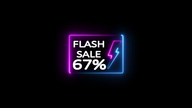 67 Percent Discount Offer. Glowing Neon Flash Sale Promo Animation with Electric Lightning Bolt and 67% Discount Offer ad.