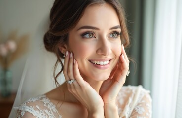 Close up photo of a beautiful bride smiling gently. Young woman with wedding makeup and hairstyle. Elegant bride in a lace dress looking away dreamily. Wedding morning portrait.