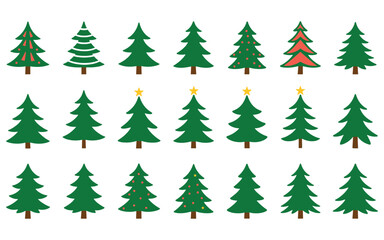 Obraz premium Set of eighteen green christmas trees of various shapes isolated on white background for holiday designs