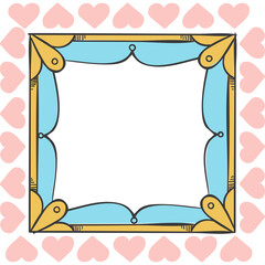 Charming Hand Drawn Square Frame With Pink Hearts Border Delicate Gold Corners Light Blue Center And White Background Perfect For Valentines Day or Wedding Invitations