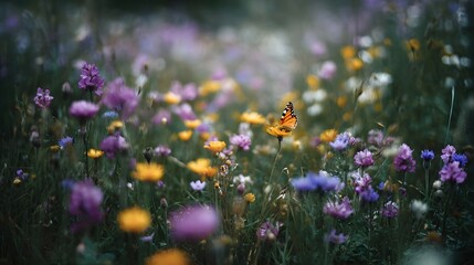 An orange butterfly rests on a yellow wildflower in a vibrant colorful meadow