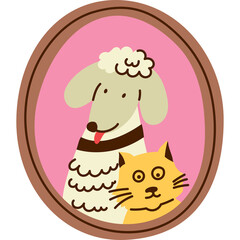 Charming Oval Portrait of a Happy White Dog and a Curious Orange Cat with Simple Cartoon Style and Pink Background Framed in Wood