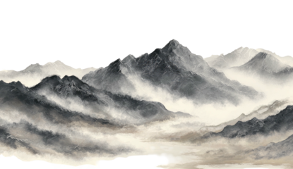Monochrome, Asian-style landscape painting of misty mountains. Soft, blurred edges