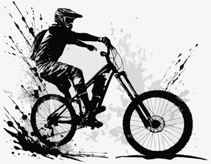 Obraz premium Silhouette of an Energetic Mountain Biker Amidst Black Ink Splatter, Artistic and Bold Design