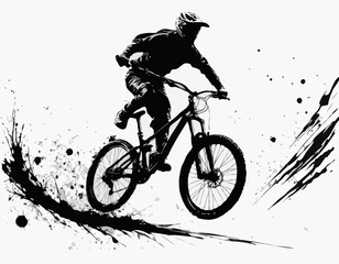 Obraz premium Energetic Mountain Biker Silhouette Surrounded by Bold Ink Splashes, Artistic Illustration, Action-Packed Design