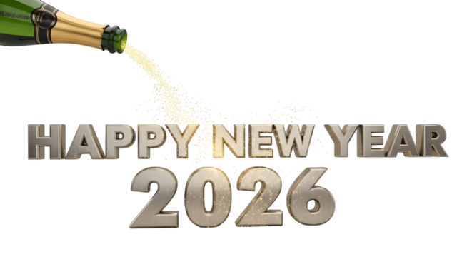 Champagne bottle pouring bubbly liquid over happy new year 2026 text isolated on transparent background - Powered by Adobe