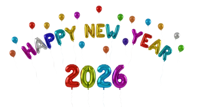 Happy new year 2026 colorful balloons and text isolated on transparent background