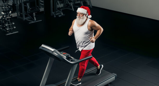 Santa Claus Getting in Shape by Running in the Gym