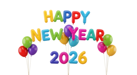 Colorful 2026 happy new year balloons decoration isolated on transparent background