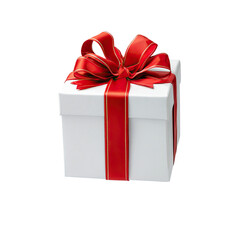 Obraz premium A bright white gift box with a vibrant red ribbon, tied in a graceful bow, against a dark background