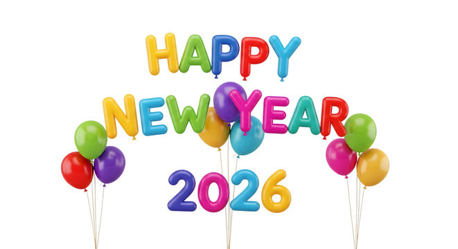 Colorful 2026 happy new year balloons decoration isolated on transparent background