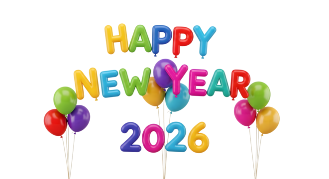Colorful 2026 happy new year balloons decoration isolated on transparent background