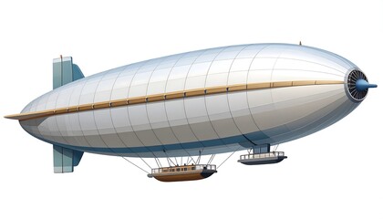 Fototapeta premium An illustration of a classic airship, gray with a light brown trim, suspended in air. Features a passenger cabin hanging beneath its elongated body, with a propeller at the front