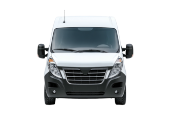 A frontal view of a white, modern cargo van, isolated on a transparent background
