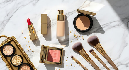 Luxury Flatlay Cosmetic Beauty Product and Brush on Marble Background