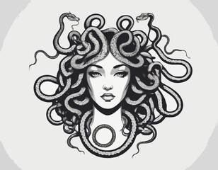 Monochrome vector rendering of a Medusa-like creature with a sna