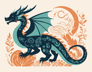 Fototapeta premium Silhouette of a Dragon Featuring Bohemian Nature Patterns, Artistic Illustration with Ethereal Design Elements