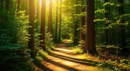 Obraz premium A dirt path winding through a sunlit forest with tall trees and green foliage on either side ai generated