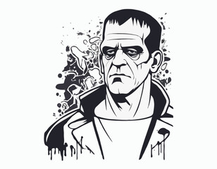 frankenstein silhouette, horror character in graffiti tag, hip hop, street art typography illustration.