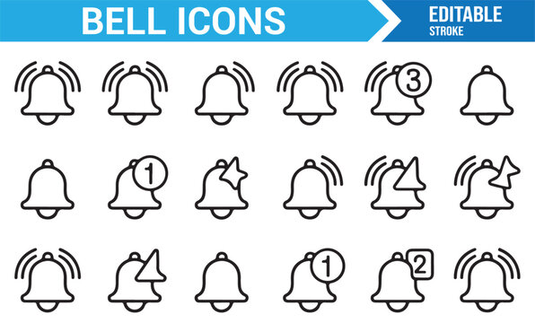 Notification bell icons, vector line art of alerts, reminders, and sound symbols.