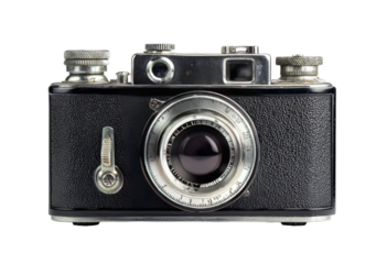 A close-up of a vintage, black and silver camera with a prominent lens