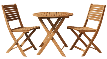 A wooden bistro set with two folding chairs and a round table, set against a dark background
