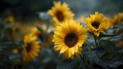 Fototapeta premium Vibrant yellow sunflowers bloom in a sunlit field showcasing golden petals and dark centers