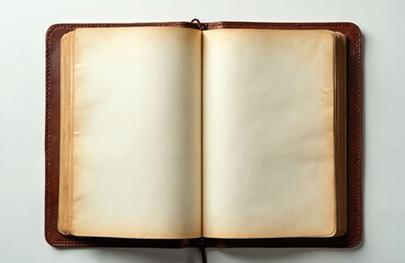 Open old leather journal with blank pages. Brown notebook on white background for writing notes or sketches. Vintage diary book concept with copy space.