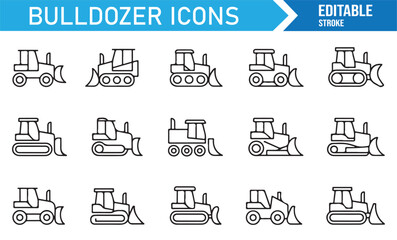 Industrial bulldozer icon collection, editable stroke vector of construction site machines.