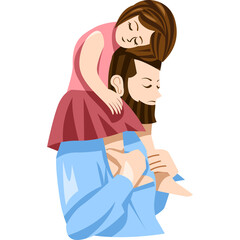 Father Piggyback Riding Daughter Wearing Pink Top and Red Skirt with Closed Eyes in Affectionate...